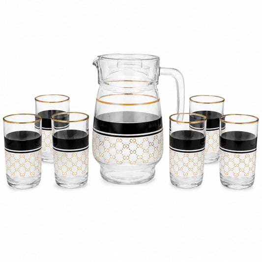 7-Piece Glass Drinkware Set with Pitcher and 6 White, Black and Gold Tumblers