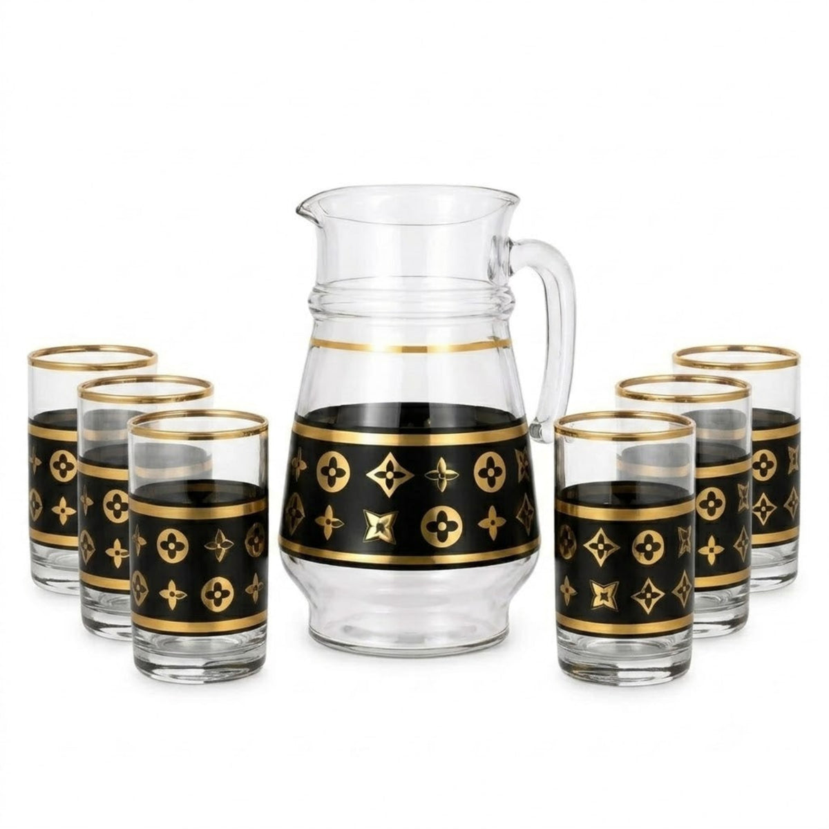 7-Piece Black and Gold Glass Beverage Set with Pitcher and 6 Tumblers