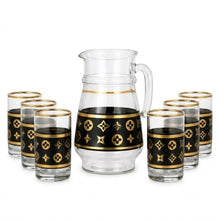 7-Piece Black and Gold Glass Beverage Set with Pitcher and 6 Tumblers