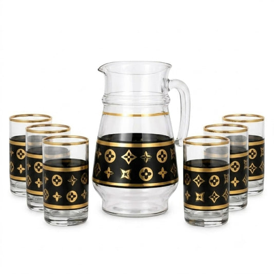 7-Piece Black and Gold Glass Beverage Set with Pitcher and 6 Tumblers