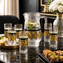 7-Piece Clear Glass Juice and Water Serving Set with Gold and Black Monogram Pattern