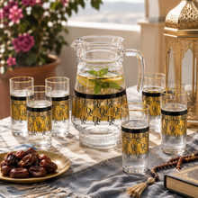 7-Piece Clear Glass Juice and Water Serving Set with Gold and Black Monogram Pattern