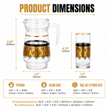 7-Piece Clear Glass Juice and Water Serving Set with Gold and Black Monogram Pattern