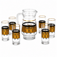7-Piece Clear Glass Juice and Water Serving Set with Gold and Black Monogram Pattern