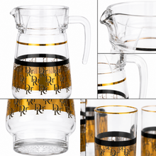 7-Piece Clear Glass Juice and Water Serving Set with Gold and Black Monogram Pattern