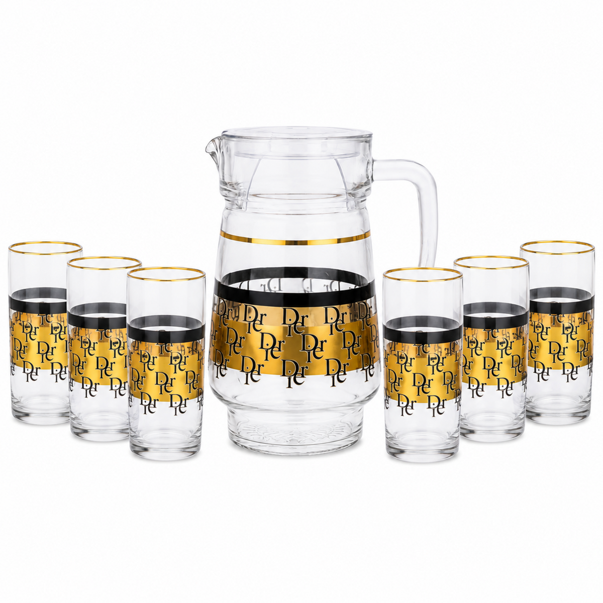 7-Piece Clear Glass Juice and Water Serving Set with Gold and Black Monogram Pattern