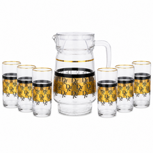 7-Piece Clear Glass Juice and Water Serving Set with Gold and Black Monogram Pattern