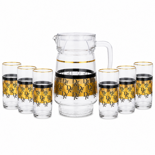 7-Piece Clear Glass Juice and Water Serving Set with Gold and Black Monogram Pattern