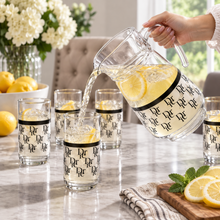 7-Piece Black & Silver Monogram Glass Juice and Water Serving Set with Pitcher and 6 Cups
