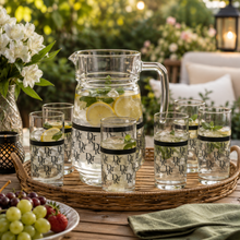 7-Piece Black & Silver Monogram Glass Juice and Water Serving Set with Pitcher and 6 Cups
