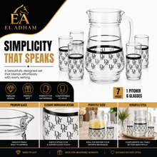 7-Piece Black & Silver Monogram Glass Juice and Water Serving Set with Pitcher and 6 Cups