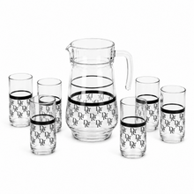 7-Piece Black & Silver Monogram Glass Juice and Water Serving Set with Pitcher and 6 Cups