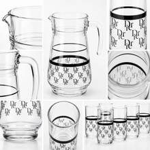 7-Piece Black & Silver Monogram Glass Juice and Water Serving Set with Pitcher and 6 Cups