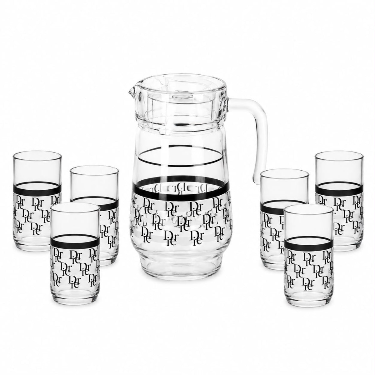 7-Piece Black & Silver Monogram Glass Juice and Water Serving Set with Pitcher and 6 Cups