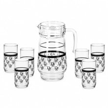 7-Piece Black & Silver Monogram Glass Juice and Water Serving Set with Pitcher and 6 Cups