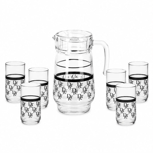 7-Piece Black & Silver Monogram Glass Juice and Water Serving Set with Pitcher and 6 Cups