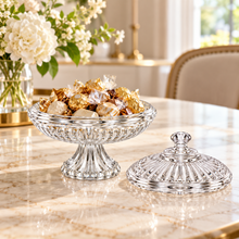 Luxury Clear Pedestal Serving Bowl with Decorative Lid – Medium Ribbed Candy & Dessert Dish