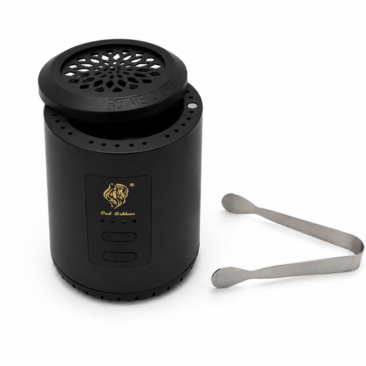 Portable Rechargeable Electric Bakhoor Burner – USB-C Mini Oud Incense Burner with Charcoal Tongs, Black