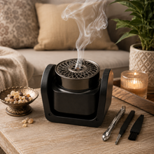 Portable Bakhoor Incense Burner Set with Rotating Holder, Tongs, Tool & Cleaning Brush – Black