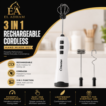 3-in-1 Rechargeable Cordless Hand Mixer with Whisk, Frother and Mixing Hook