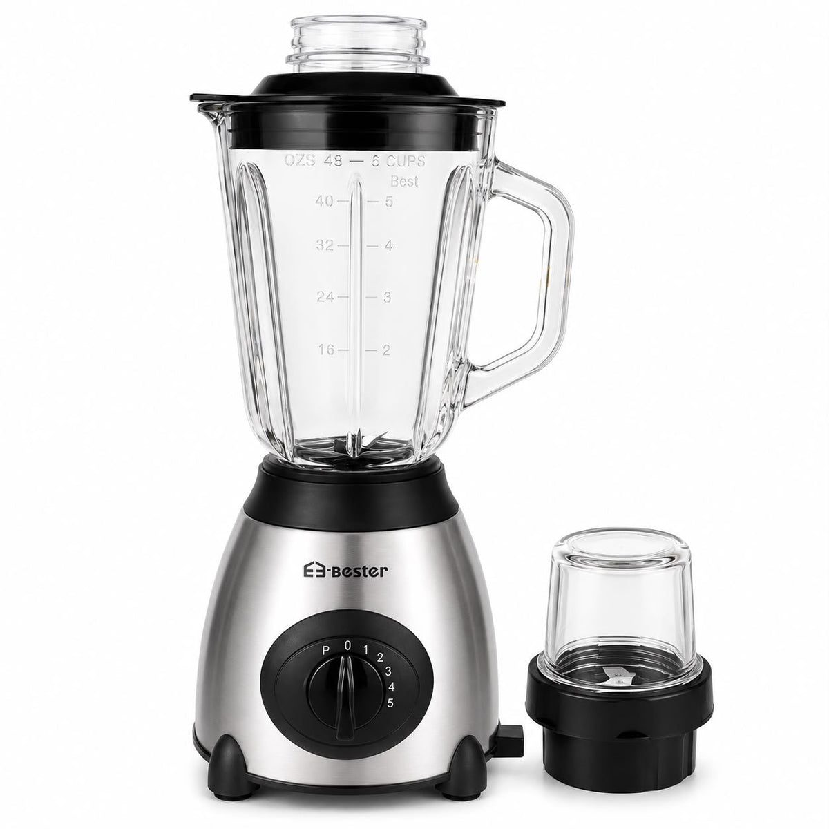 500 W Electric Blender with 6-Cup Glass Jar and Grinder Attachment, 5 Speeds