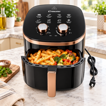 E3-Bester 110V Electric Basket Air Fryer with Dual Manual Controls & Built-In Cooking Guide – Black & Copper