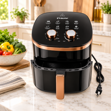 E3-Bester 110V Electric Basket Air Fryer with Dual Manual Controls & Built-In Cooking Guide – Black & Copper