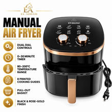 E3-Bester 110V Electric Basket Air Fryer with Dual Manual Controls & Built-In Cooking Guide – Black & Copper