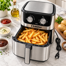 E3-Bester Stainless Steel Air Fryer with Dual Manual Controls & Pull-Out Basket – Black & Silver