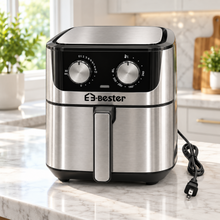 E3-Bester Stainless Steel Air Fryer with Dual Manual Controls & Pull-Out Basket – Black & Silver