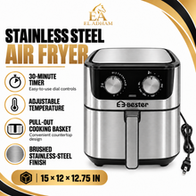 E3-Bester Stainless Steel Air Fryer with Dual Manual Controls & Pull-Out Basket – Black & Silver