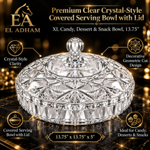 Premium Clear Crystal-Style Covered Serving Bowl with Lid – XL Candy, Dessert & Snack Bowl, 13.75"