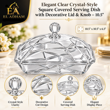 Elegant Clear Crystal-Style Square Covered Serving Dish with Decorative Lid & Knob – 10.5"