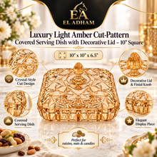 Luxury Light Amber Cut-Pattern Covered Serving Dish with Decorative Lid – 10" Square