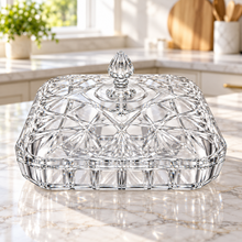 Elegant Clear Crystal-Style Covered Serving Dish with Lid – Decorative Geometric Cut Design, 11.75" Square