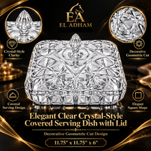 Elegant Clear Crystal-Style Covered Serving Dish with Lid – Decorative Geometric Cut Design, 11.75" Square