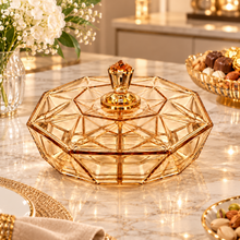 Elegant Light Amber Octagonal Lidded Serving Dish with Geometric Design – 11"