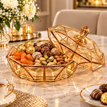Elegant Light Amber Octagonal Lidded Serving Dish with Geometric Design – 11"