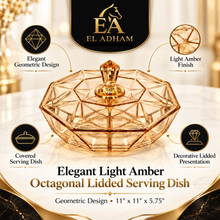 Elegant Light Amber Octagonal Lidded Serving Dish with Geometric Design – 11"