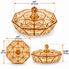 Elegant Light Amber Octagonal Lidded Serving Dish with Geometric Design – 11"