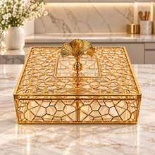 Luxury Gold & Light Amber Geometric Covered Serving Box with Decorative Leaf Handle – 10" Square