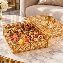 Luxury Gold & Light Amber Geometric Covered Serving Box with Decorative Leaf Handle – 10" Square