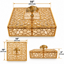 Luxury Gold & Light Amber Geometric Covered Serving Box with Decorative Leaf Handle – 10" Square