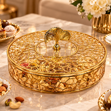 Luxury Round Gold Covered Serving Dish with Ginkgo Leaf Handle – Decorative Candy & Dessert Box, 11"