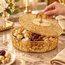 Luxury Round Gold Covered Serving Dish with Ginkgo Leaf Handle – Decorative Candy & Dessert Box, 11"