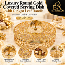 Luxury Round Gold Covered Serving Dish with Ginkgo Leaf Handle – Decorative Candy & Dessert Box, 11"