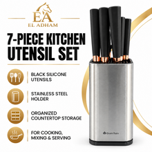 GR Black Silicone Kitchen Utensil 7 PCS Set with Stainless Steel Holder