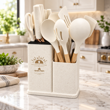 19-Piece Cream Kitchen Utensil & Knife Set with 15-Inch Dual-Compartment Countertop Organizer