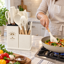 19-Piece Cream Kitchen Utensil & Knife Set with 15-Inch Dual-Compartment Countertop Organizer
