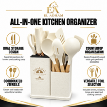 19-Piece Cream Kitchen Utensil & Knife Set with 15-Inch Dual-Compartment Countertop Organizer